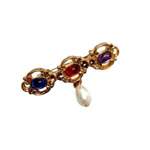 Vintage Multi-Color Filigree Cabochon Bar Pin Brooch Faux Pearl Drop Gold Tone